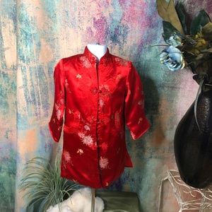 Vintage📌 Peony Asian Style Red Satin Brocade Coat - Dress - Rope